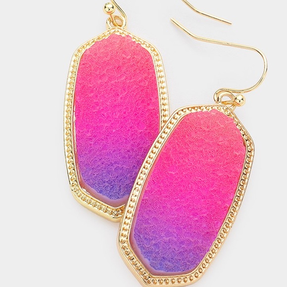Gold pink purple Ombré druzy hexagon fashion statement earrings - Picture 2 of 3